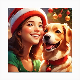 Christmas Girl With A Dog Canvas Print
