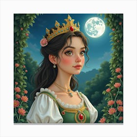 Watercolor Portrait Of Young Queen In A Serene, Moonlit Garden Canvas Print