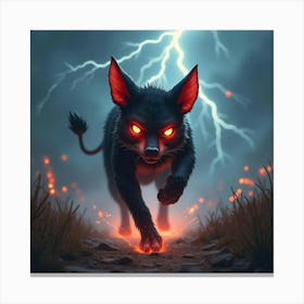 A Tasmanian Devil With Fiery Red Eyes, Running Through A Stormy Landscape With Glowing Lightning Canvas Print