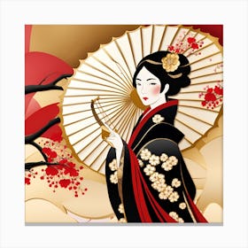 Geisha Woman With Umbrella Japanese textured monochromatic Canvas Print
