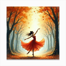 Watercolor Scene Of Dancer In A Fantasy Autumn Forest 1 Canvas Print