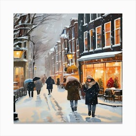 Amsterdam cafes, winter season, Christmas, pale colors, pedestrians in the street, winter clothes, falling snow.3 1 Canvas Print