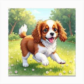 A Happy Cavalier King Charles Spaniel Playing In A Sunny Garden, Watercolor 1 Canvas Print