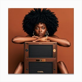 A Studio Portrait Featuring A Woman With Dark Skin And An Afro Hairstyle, Seated Atop A Large Wooden Canvas Print