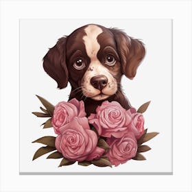 Puppy With Roses 4 Canvas Print