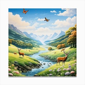 A Landscape Of Grass Eating Deer Next To The Valley Birds Butterflies And The Sky Is Clear 1 Canvas Print