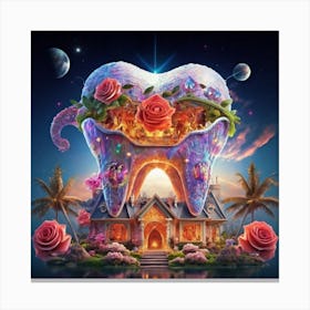, a house in the shape of giant teeth made of crystal with neon lights and various flowers 3 Canvas Print