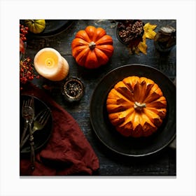 Autumnal Table Setting Cradling A Half Carved Roasted Pumpkin Candlelight Flickering Within Casting (1) Canvas Print