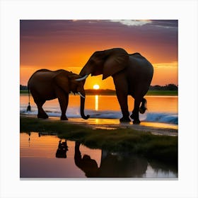 Elephants At Sunset 1 Canvas Print