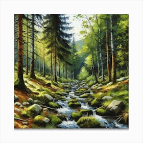 Stream In The Forest, Acrylic Painting Style 2 Canvas Print