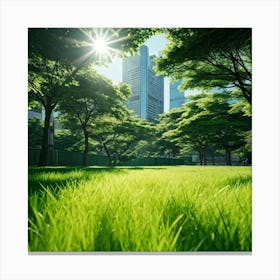 Bright Green Grass Under A Radiant Sun Swathed In Tokyo City Stands Out Against The Contrasting Sh (6) Canvas Print