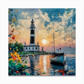 Lighthouse Sunset Art—a stunning seascape oil painting capturing a lighthouse against a vivid sunset sky, with a tranquil sailboat and vibrant shoreline flowers. Canvas Print