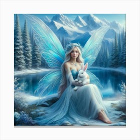 Fairy sitting in snow with a white bunny  Canvas Print