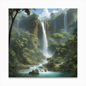 Waterfall In The Jungle paintings art print 4 Canvas Print