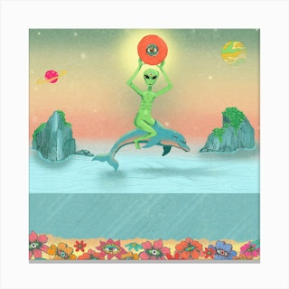 Alien Riding A Dolphin Square Canvas Print