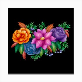 Colorful Flowers On A Black Background,beautiful vintage floral bouquet Canvas Print