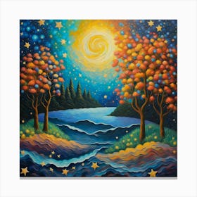 Whimsical Night: A Serene Lake Under a Swirling Starry Sky Canvas Print