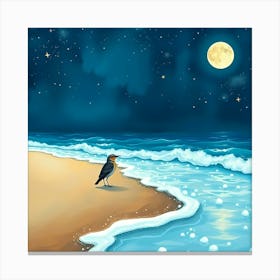 Crow On The Beach At Night Canvas Print