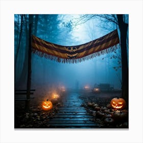 Fog Holiday Greeting Scarey Evil Dark Ominous Leaf Stripes Haunting Wood Carving Flames (27) Canvas Print