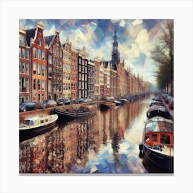 Amsterdam Canal - A canal scene in Amsterdam, but the houses and boats are not reflected in the water in a normal way. Instead, they are reflected in a distorted and fractured way, creating a sense of illusion and fantasy. The scene is rendered in a realistic, painterly style. Canvas Print