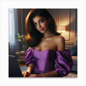 Beautiful Woman Working On Laptop Canvas Print