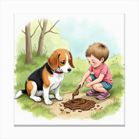 A Beagle And A Child Making A Mud Pie In The Backyard, Watercolor 1 Canvas Print