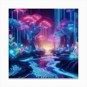 A Neon Lit Jungle With Glowing Flora And Fauna 2c Where The Trees Are Circuit Boards And The Rivers Flow With Liquid Light 2 Canvas Print