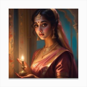 Indian Woman Holding A Candle Canvas Print