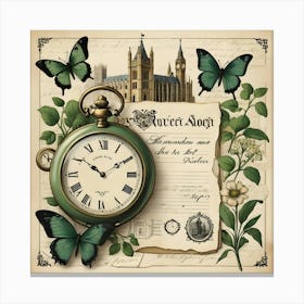 Vintage Clock, Book, Butterfly, And Key On A Wooden Table Canvas Print