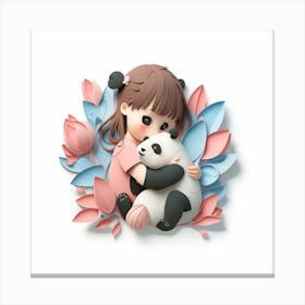 Cute Girl Hugging Panda Canvas Print