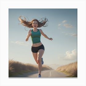 Girl Jogging Down A Road Canvas Print