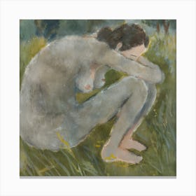 A woman sits on a rock, her legs crossed and her hands covering her face. She does not wear clothes that show her breasts. The scene takes place in an outdoor setting with grass surrounding the woman and a tree in the background. Canvas Print