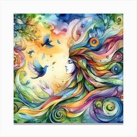 Watercolor Of A Woman With Colorful Hair Canvas Print