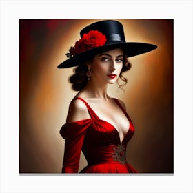 Woman In Red Dress With Black Hat Canvas Print