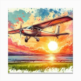 Watercolor Airplane At Sunset Canvas Print