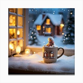 Macro Photo Of A Porcelain Cup Cradling A Miniature House Windows Aglow With Warm Lights Nestled A (1) Canvas Print