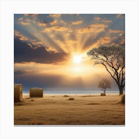 Sunset In The Field With Hay Bales Canvas Print