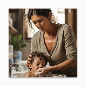 Mother And Son Washing Hands Canvas Print