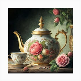 A very finely detailed Victorian style teapot with flowers, plants and roses in the center with a tea cup 8 Canvas Print
