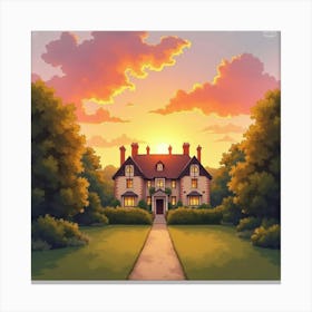 Sunset Over An English Manor, Watercolor With Golden And Pink Hues 1 Canvas Print