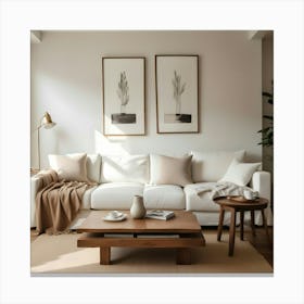 Minimalist Living Room With A White Sofa, Wooden Furniture, And Neutral Toned Artwork Canvas Print