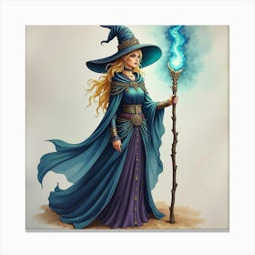 Gorgeous Sorceress With Glowing Staff, Watercolor Detail 1 Canvas Print