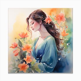 Watercolor Of A Girl With Flowers  Canvas Print