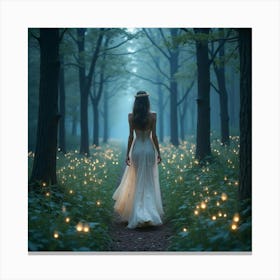 Elven Princess In A Shimmering Gown, Walking Through A Starlit, Enchanted Forest 1 Canvas Print