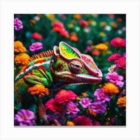 Colorful Chamelon In The Flowers Canvas Print