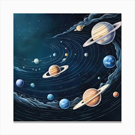 A Breathtaking, Highly Detailed Illustration Of The Universe And All Its Planets, Set Against A Deep, Starry Night Sky 2 Canvas Print