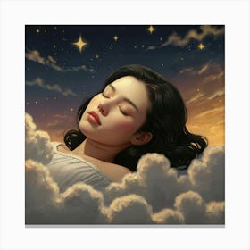 A photorealistic portrayal of a woman with shiny black bobbed hair, asleep on shimmering golden clouds. The sky around her is dotted with stars, each shaped like a Hello Kitty cat, casting a soft glow. Created Using: high-resolution detail, magical night sky, gold-tinted clouds, playful star designs, tranquil mood, soft glow effects, enchanted setting, clear focus --ar 16:9 --v 6.0 1 Canvas Print