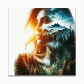 Double Exposure Dreamscape Beautiful Woman In The Forest and Mountains 1 Canvas Print