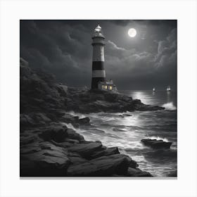 A Picturesque Lighthouse Standing Tall On A Rocky Coastline, Guiding Ships At Night 2 Canvas Print