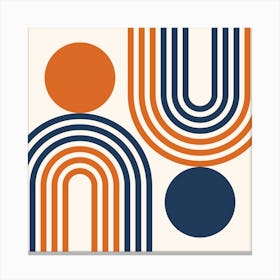 Mid Century Modern Geometric in classy navy blue burnt orange (Rainbow and Sun Abstract Design) 3 Canvas Print